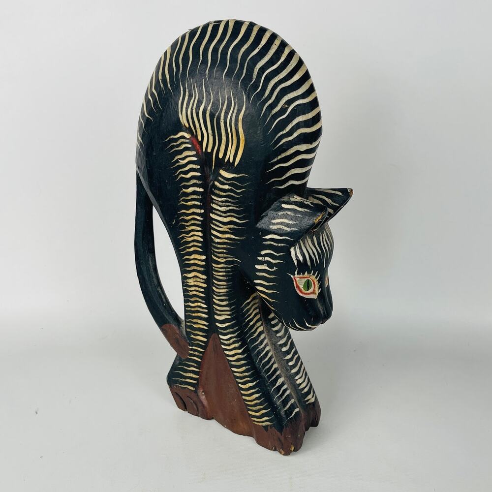 Hand Carved Black & White Striped Cat with Arched Back 11 7/8" Tall